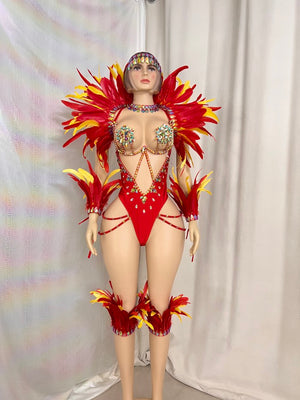 New Style Handmade Monokini Bodysuit Wire Bra With Thong Red Color With Feather Ser For Samba Carnival
