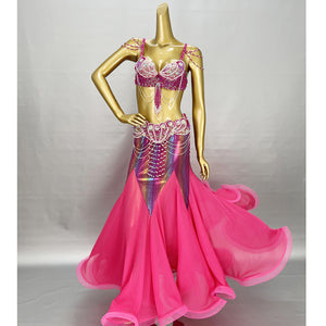 High Quality Handmade Beaded Embroidery Belly Dance Costume Women Stage Performance 3-Piece Dance Set Belly Dancing Wear Outfits TF2152+SK1909