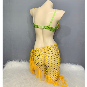 New Women Belly Dancing Suite Beaded Sequined Bra+ Long Tassel Hip Scarf 2PCS Set Samba Costumes Club Night Dance Wear N21007