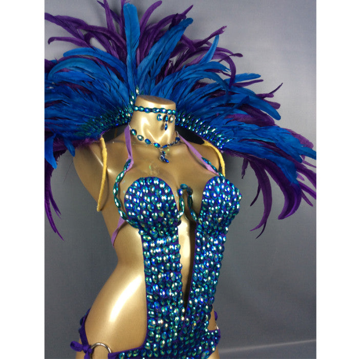 Samba Carnival Bra Belt Royal Blue Puple Stone Feather C1503