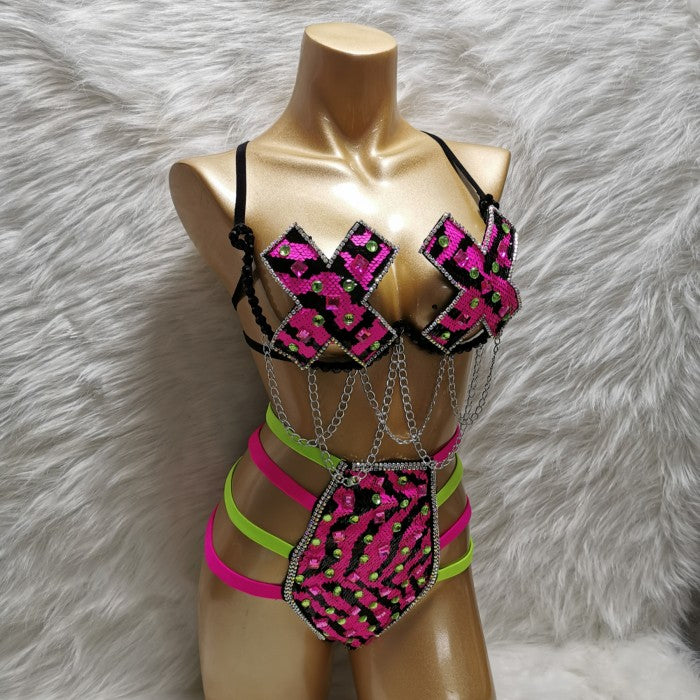 Samba Carnival Wire Bra And Panty Sequins And Stones Handmade 2 piece CB031