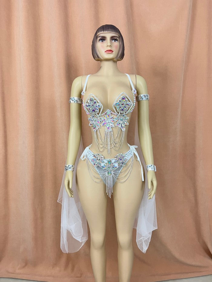 Samba Carnival Wire Bra & Panty & Belt Set Hand Made Belly Dancing Costume Outfit with arm sleeves