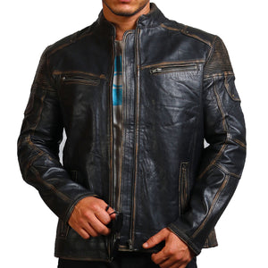 Men's Black Distressed Vintage Leather Jacket with Zipper Pockets