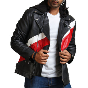 Men's Red and Black Leather Jacket with Hood and White Accent