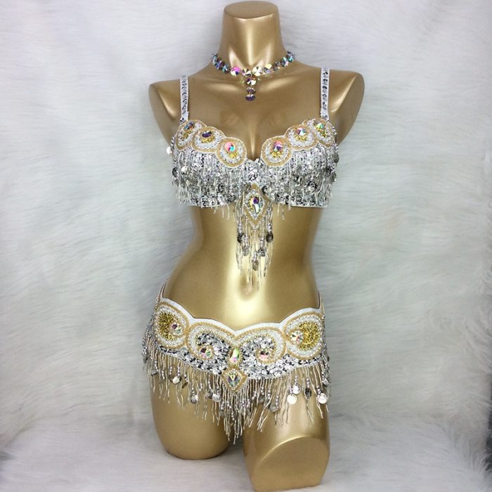 Hot design handmade beaded belly dance costume wear Bar+Belt 3piece/ set ,5 color ladies belly dance costumes women dancing wear TF1601