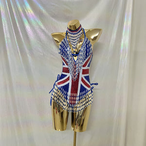 Sexy Women Beads Bodysuit Sequins Swimsuit Rave Dancer One-piece Outfit Flag Of United States And United Kingdom Costumes