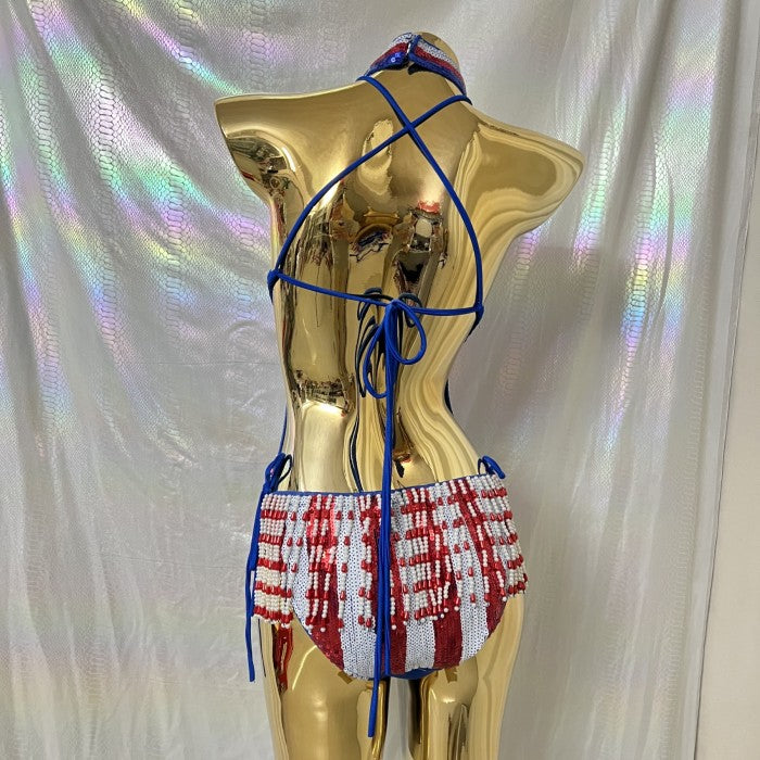 Sexy Women Beads Bodysuit Sequins Swimsuit Rave Dancer One-piece Outfit Flag Of United States And United Kingdom Costumes