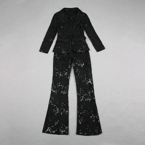 Elegant Lace Blazer and Flared Pants Two-Piece Suit in Slim Fit