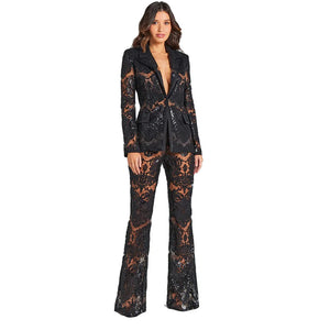 Elegant Lace Blazer and Flared Pants Two-Piece Suit in Slim Fit