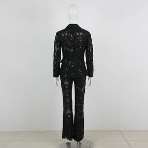 Elegant Lace Blazer and Flared Pants Two-Piece Suit in Slim Fit