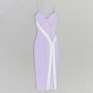 Lavender and Silver Mesh Panel Bodycon Dress with Thigh-High Slit