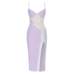 Lavender and Silver Mesh Panel Bodycon Dress with Thigh-High Slit