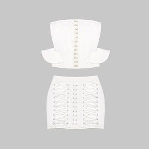 White Strapless Corset Top and Lace-Up Skirt Set for Summer Leisure Fashion