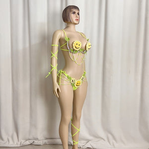 New Samba Carnival Handmade Wire Bra Smiling Sunflower Weaving Pattern With Panty  For Party,EDC Carnival