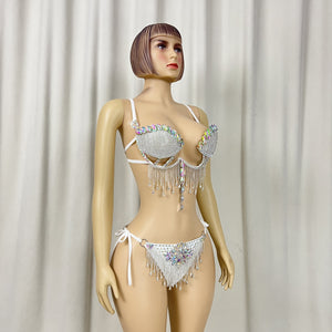 New style Samba Carnival Handmade Wire Bra And Panty With Stones,Diamond Chain Sexy Costumes For EDC Outfits Silver Color