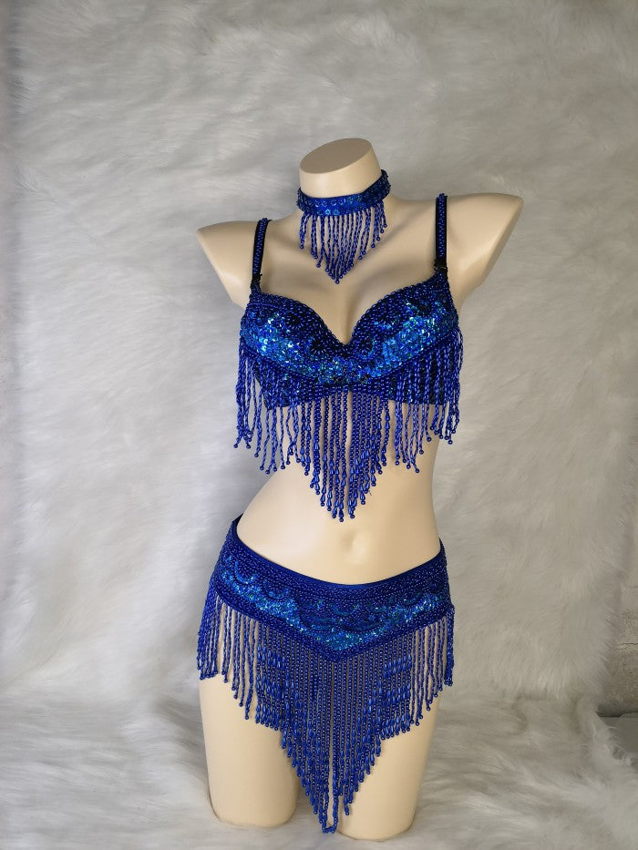 New Women's Belly Dance Set Sexy Carnival Costume Beaded Belly Dancing Clothes Sexy Night Bellydance Tops Chain BRA Belt T201 3pc/Set