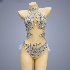 Flashing Sequins One-Piece Bodysuit with feather Women's Singer Dance Sexy Evening Carnival Costumes Stage Dance Wear Nightclub Outfit BS2102