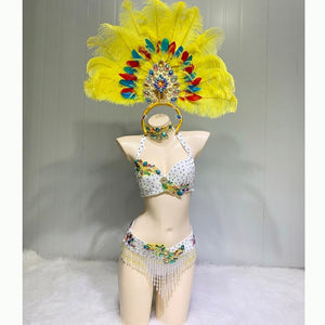 Sexy Women Samba Rio Carnival Costume Handmde Belly Dance Costume Wire Bra&Belt Set with Feather Head piece Rainbow stones C031