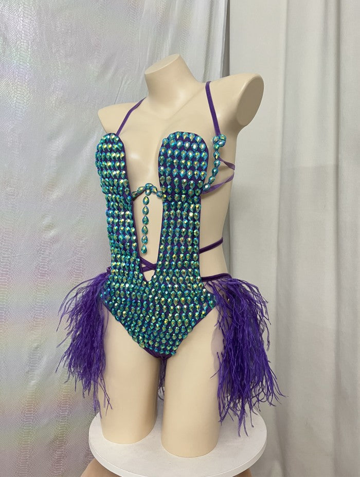 Samba Carnival Handmade Stones Bodysuit With Feather Mini Skirt For EDC Costumes