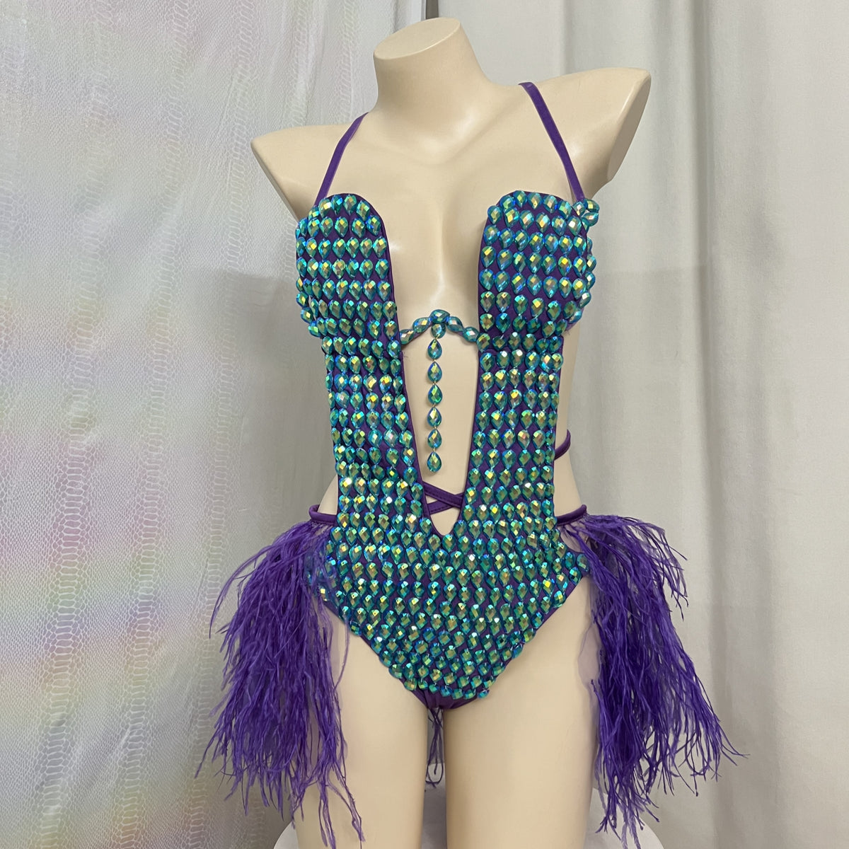 Samba Carnival Handmade Stones Bodysuit With Feather Mini Skirt For EDC Costumes