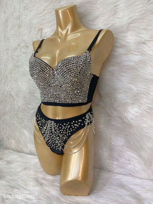 Party Dance Corset+High waist thong Women's Corset Rave Crystal Showgirl