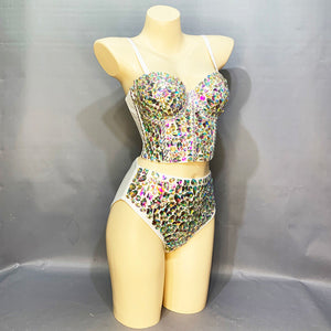 Flashing Sexy Stage Costumes Samba Carnival Bra High Waist Pants AB Color Stone Hand Made 2 Piece Bodysuit Costume Dancer Outfit  BP015