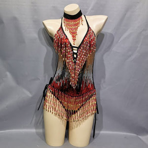 Sexy Tassel Sparkly Beading Sequin Bodysuit Festival Women's Costume EDC Party Nightclub Outfit Stage Performance Dance Clothing BS2101
