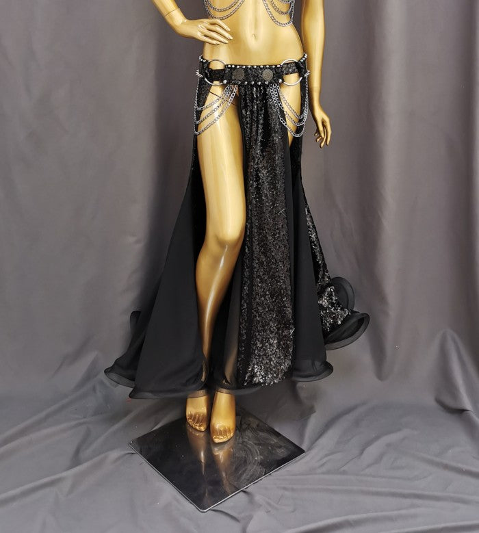 New Design Sequin Bellydancing Slit Long Skirts Sexy Belly Dance Dress Women Costume Training Dress Stage Performance Clothes