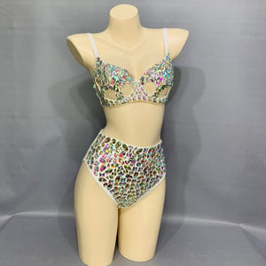 New Samba Carnival Bikini Set Bra High Waist Panty Crystal Silver Stone Hand Made 2 Piece Dance Clothes Belly Dance Costume Wear N21010