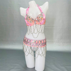 New Women's beaded belly dance costume halloween wear Bar+Belt 2pc set ladies belly dancing costumes bellydance carnival clothes tf1406