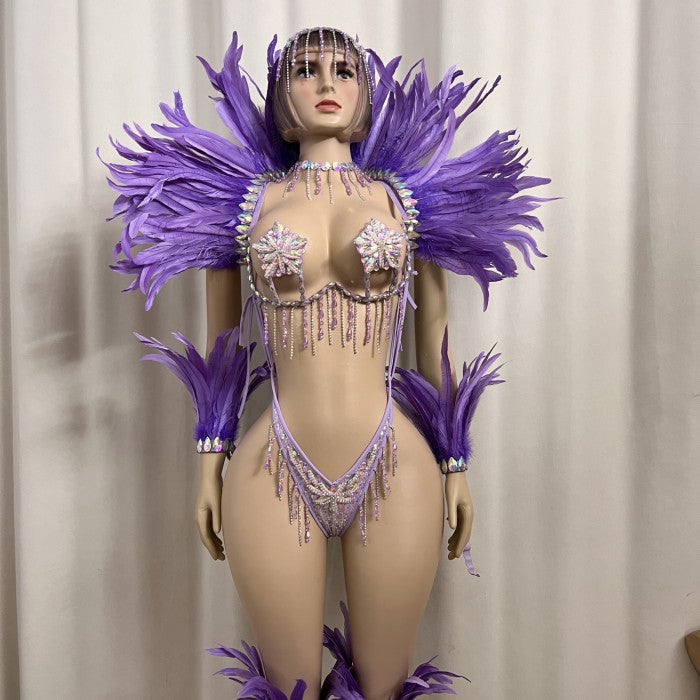 Top Quality Handmade Samba Rio Carnival Wire Bra+Panty+feather shawl With Stone Sexy Belly Dancing Costume