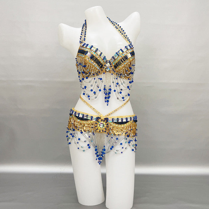 New Sexy Beaded Belly Dance Costume Women Tops Bra Chain Belt 2pc Set Night Dance Wear Tassel Belly Dancing Outfit Carnival Costume  N21024
