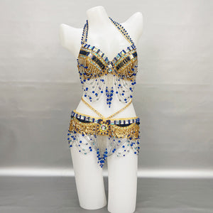 New Sexy Beaded Belly Dance Costume Women Tops Bra Chain Belt 2pc Set Night Dance Wear Tassel Belly Dancing Outfit Carnival Costume  N21024