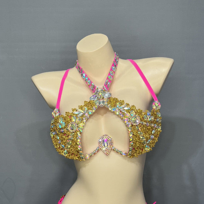 Samba Carnival Rave Festival Party Wire Bra Rainbow Stone