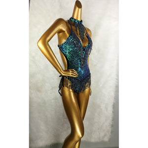 Sexy Women beading Bodysuit Sequin Swimsuit latin Belly Dance Costume Dancer One-Piece Outfit Costume Stage Performance Blue BS02