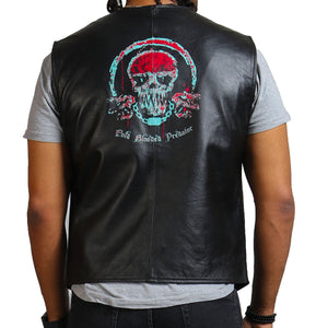 Skull Print Black Leather Vest with Red and Blue Skull Design