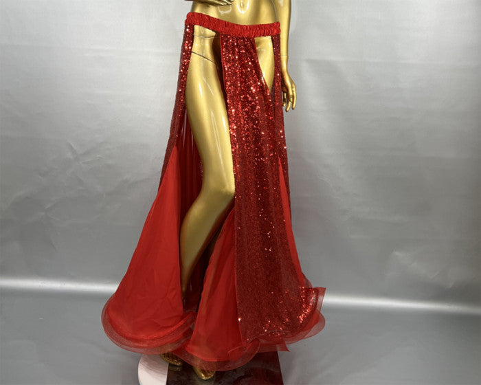 New Design Sequin Bellydancing Slit Long Skirts Sexy Belly Dance Dress Women Costume Training Dress Stage Performance Clothes