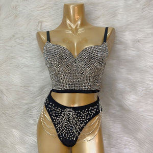 Party Dance Corset+High waist thong Women's Corset Rave Crystal Showgirl