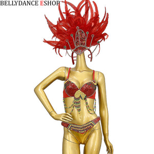 Samba Carnival bra,belt and panty,feather head piece,cape,handmade beads pageant cabaret broadway C042