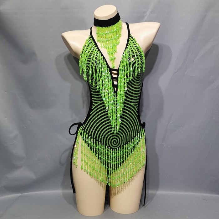Sexy Tassel Sparkly Beading Sequin Bodysuit Festival Women's Costume EDC Party Nightclub Outfit Stage Performance Dance Clothing BS2101
