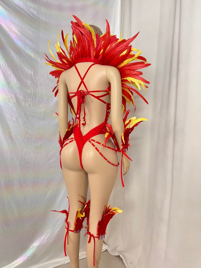 New Style Handmade Monokini Bodysuit Wire Bra With Thong Red Color With Feather Ser For Samba Carnival