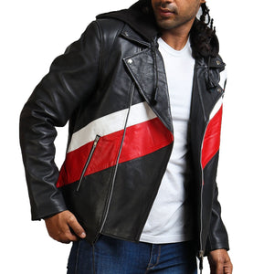 Men's Red and Black Leather Jacket with Hood and White Accent