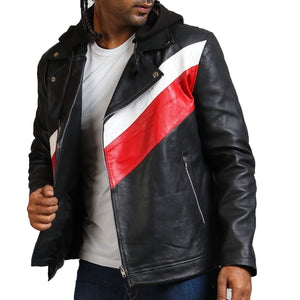 Men's Red and Black Leather Jacket with Hood and White Accent