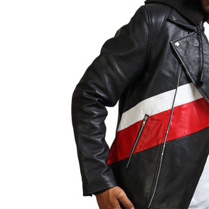 Men's Red and Black Leather Jacket with Hood and White Accent