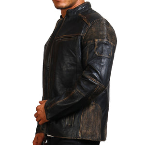 Men's Black Distressed Vintage Leather Jacket with Zipper Pockets