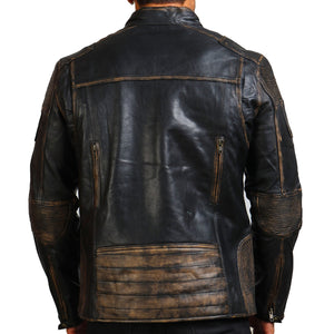 Men's Black Distressed Vintage Leather Jacket with Zipper Pockets