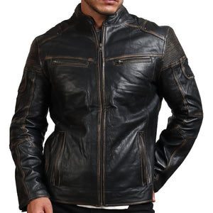 Men's Black Distressed Vintage Leather Jacket with Zipper Pockets