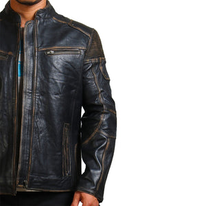 Men's Black Distressed Vintage Leather Jacket with Zipper Pockets