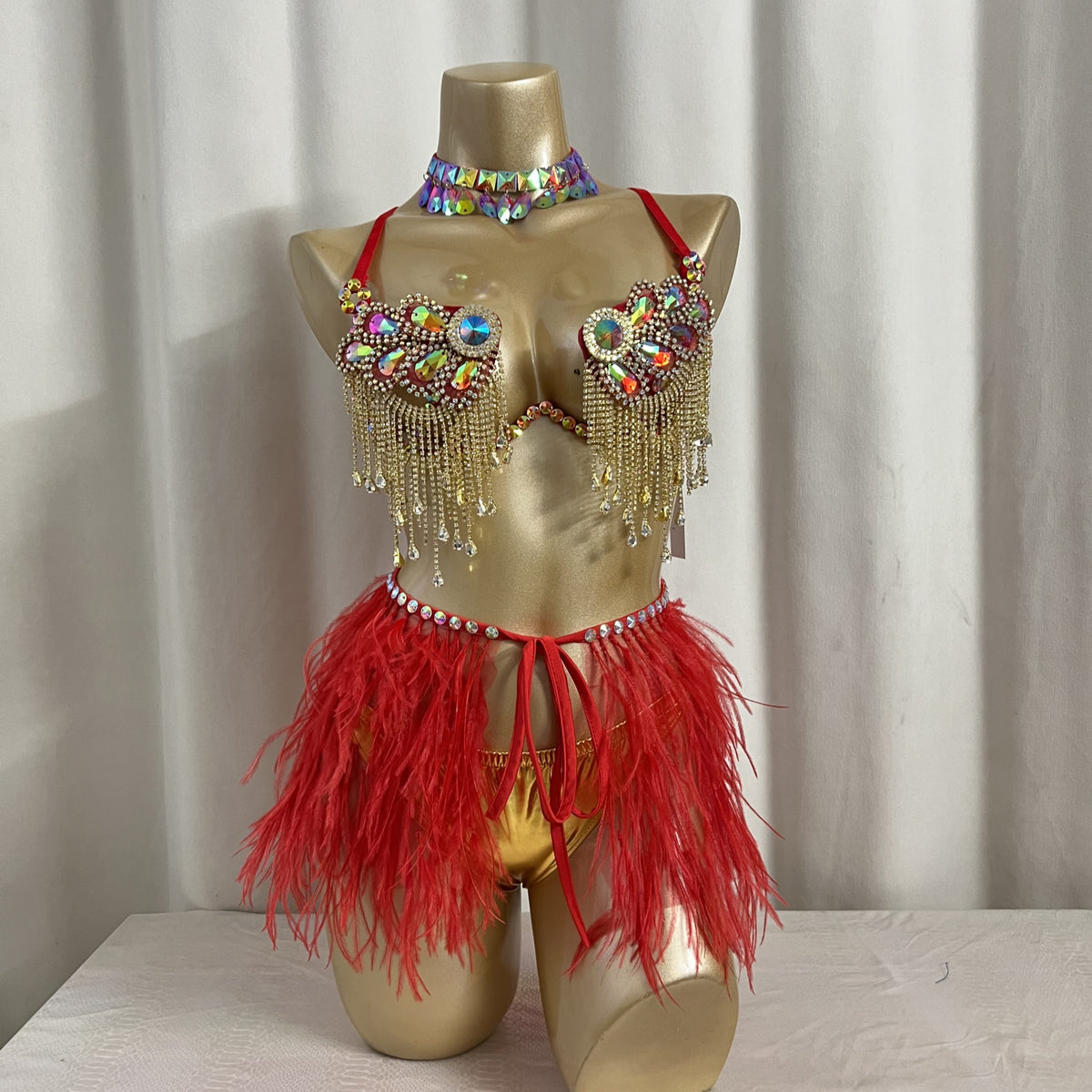 New Style Handmade Samba Carnival Wire Bra,Pants And Ostrich Feather Mini Skirt With Stones For EDC Festival Rave Carnival Red Color