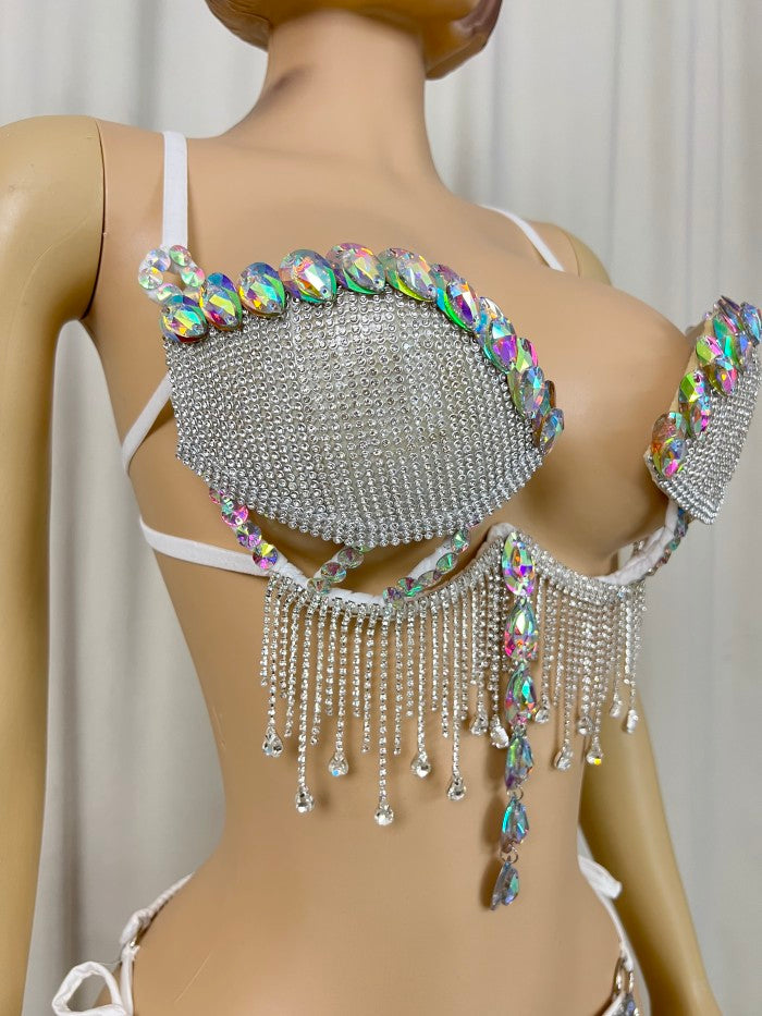 New style Samba Carnival Handmade Wire Bra And Panty With Stones,Diamond Chain Sexy Costumes For EDC Outfits Silver Color